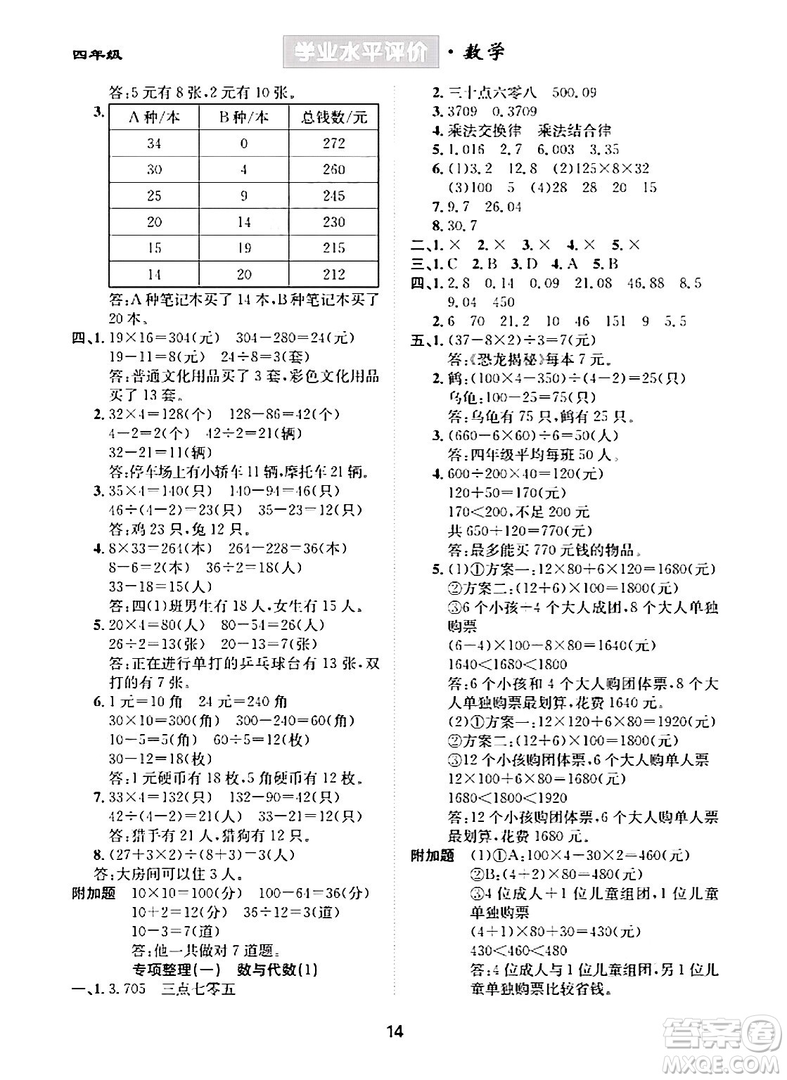 崇文書局2024年春學(xué)業(yè)水平評(píng)價(jià)核心素養(yǎng)提升專練四年級(jí)數(shù)學(xué)下冊人教版答案