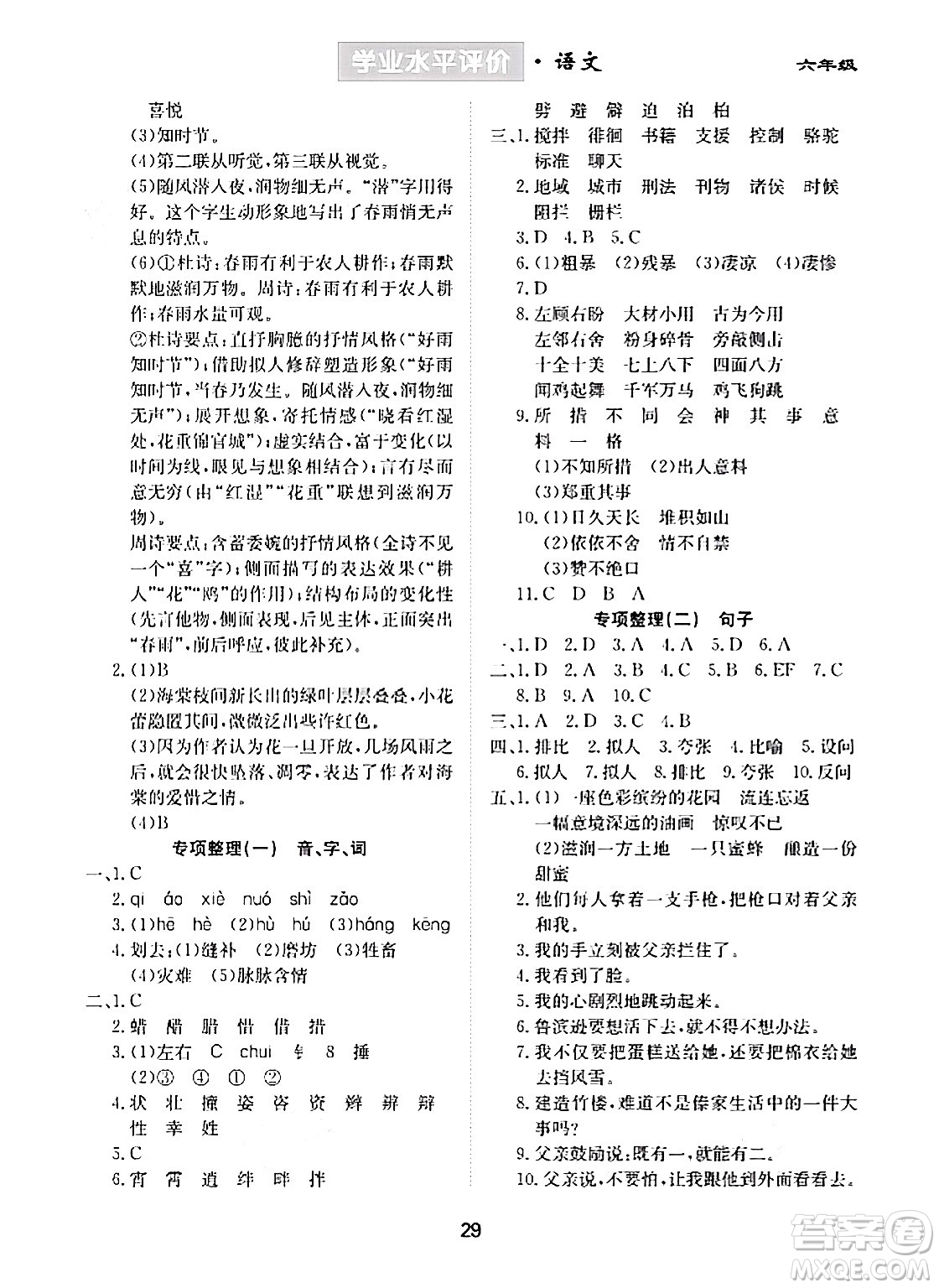 崇文書局2024年春學(xué)業(yè)水平評(píng)價(jià)核心素養(yǎng)提升專練六年級(jí)語文下冊(cè)通用版答案