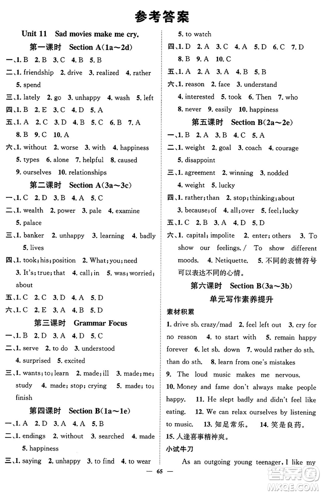 天津科學(xué)技術(shù)出版社2024年春名校智慧智慧學(xué)堂九年級英語下冊人教版答案