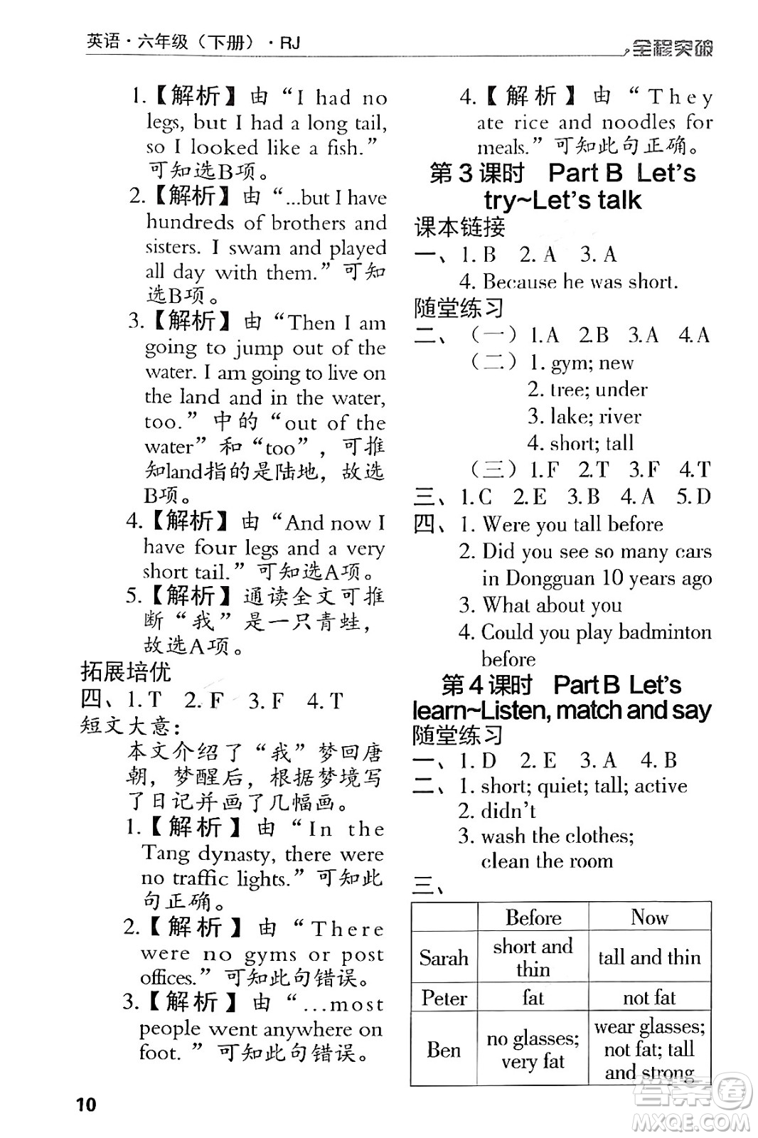 北方婦女兒童出版社2024年春全程突破六年級(jí)英語下冊(cè)人教版答案