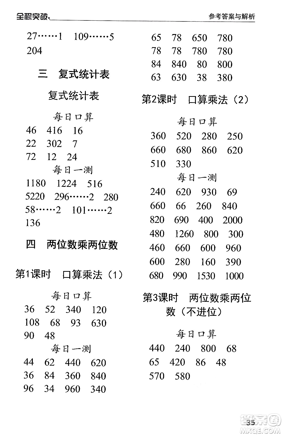 北方婦女兒童出版社2024年春全程突破三年級數(shù)學下冊人教版答案