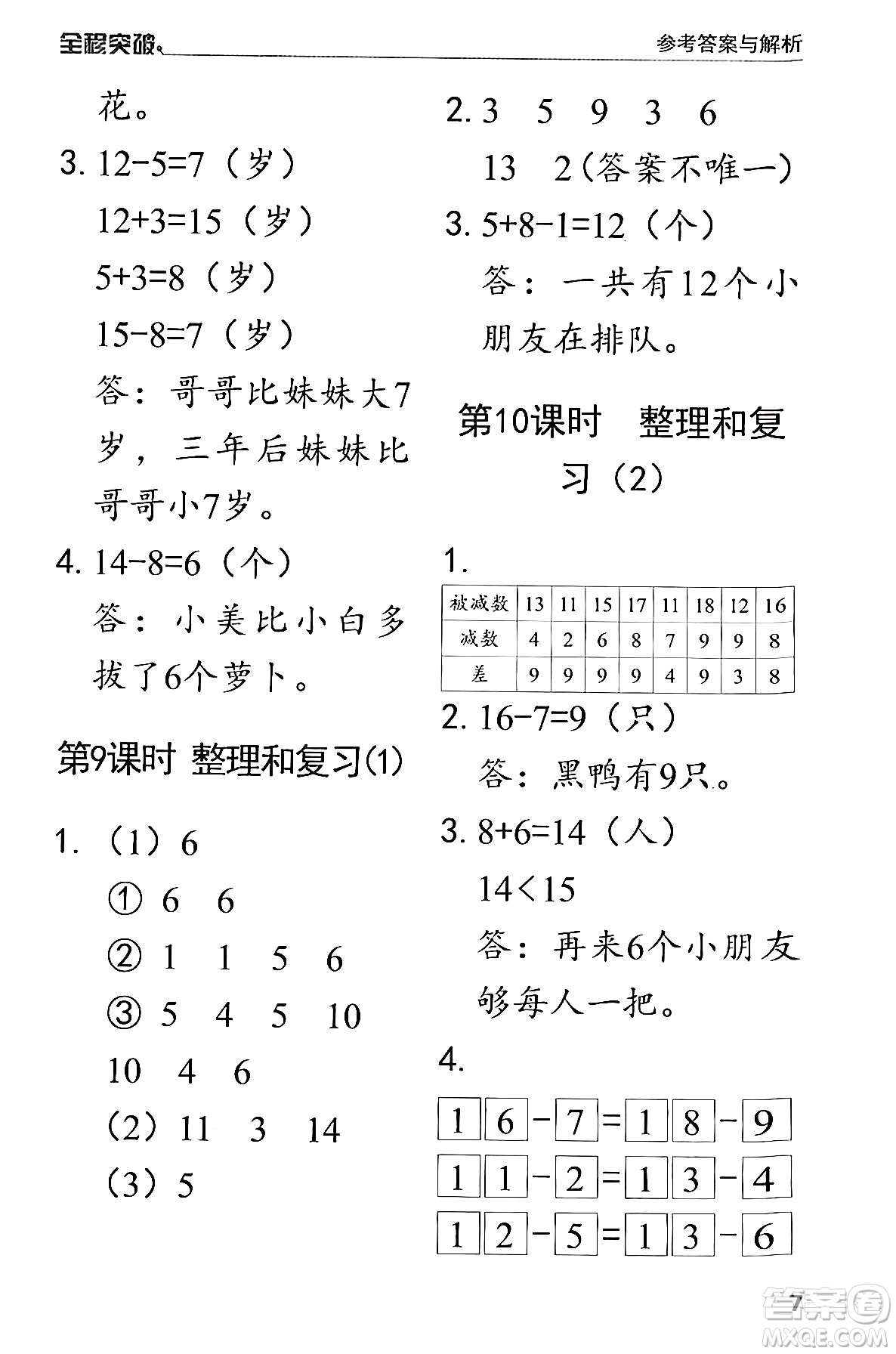 北方婦女兒童出版社2024年春全程突破一年級數(shù)學(xué)下冊人教版答案