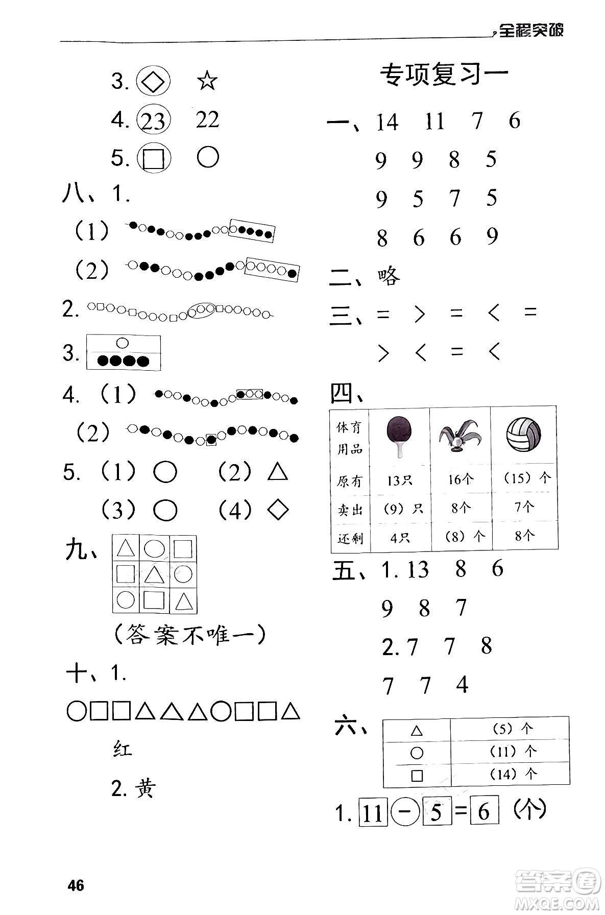 北方婦女兒童出版社2024年春全程突破一年級數(shù)學(xué)下冊人教版答案