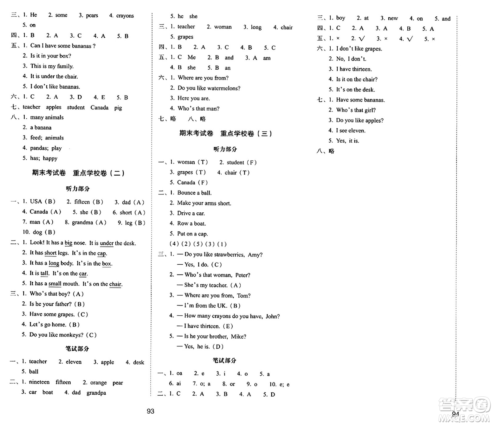 長春出版社2024年春期末沖刺100分完全試卷三年級英語下冊人教版三起點(diǎn)答案