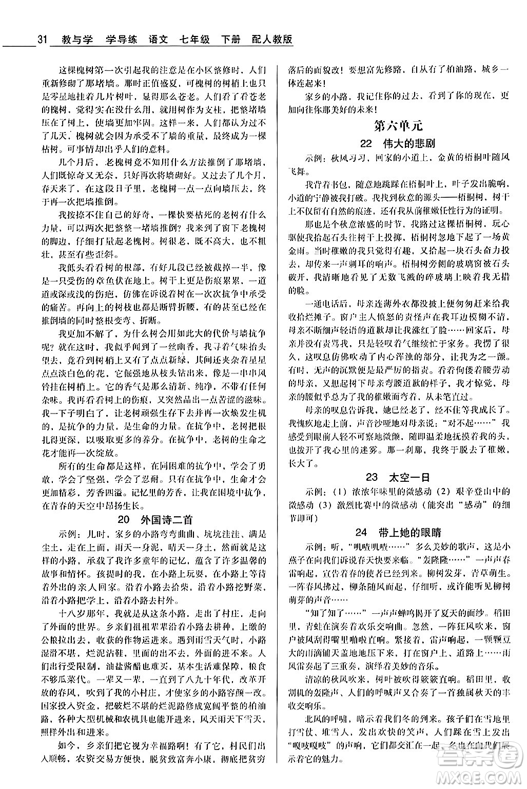 安徽人民出版社2024年春教與學(xué)學(xué)導(dǎo)練七年級語文下冊人教版答案