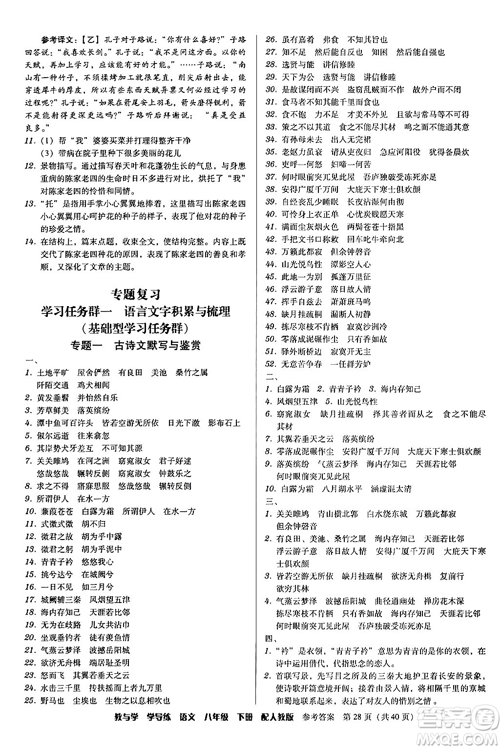 安徽人民出版社2024年春教與學(xué)學(xué)導(dǎo)練八年級(jí)語文下冊(cè)人教版答案