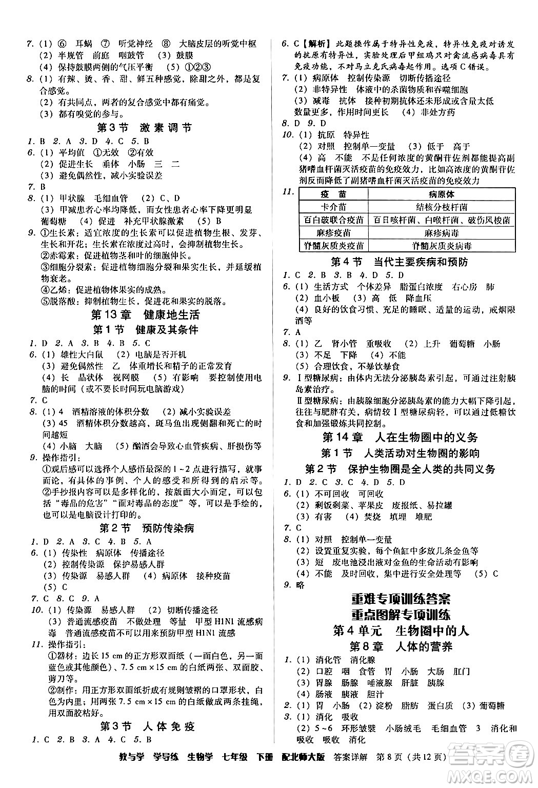 安徽人民出版社2024年春教與學學導練七年級生物下冊北師大版答案