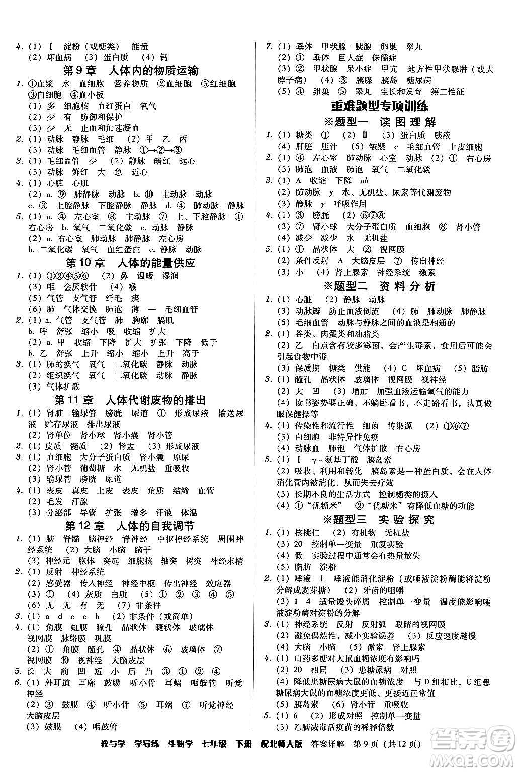 安徽人民出版社2024年春教與學學導練七年級生物下冊北師大版答案