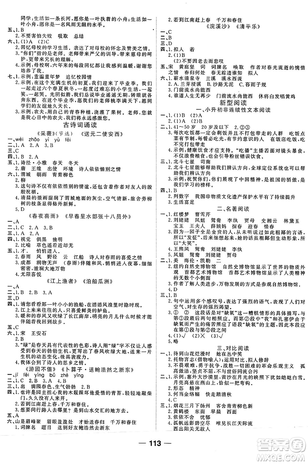 天津科學技術(shù)出版社2024年春奪冠新課堂隨堂練測六年級語文下冊人教版答案