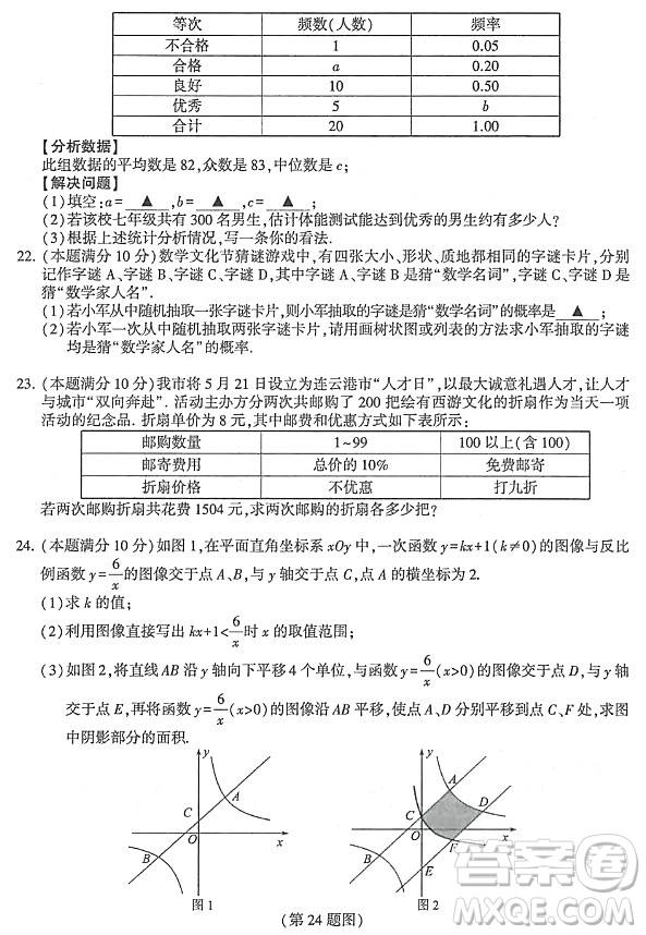 2024連云港中考數(shù)學(xué)真題答案