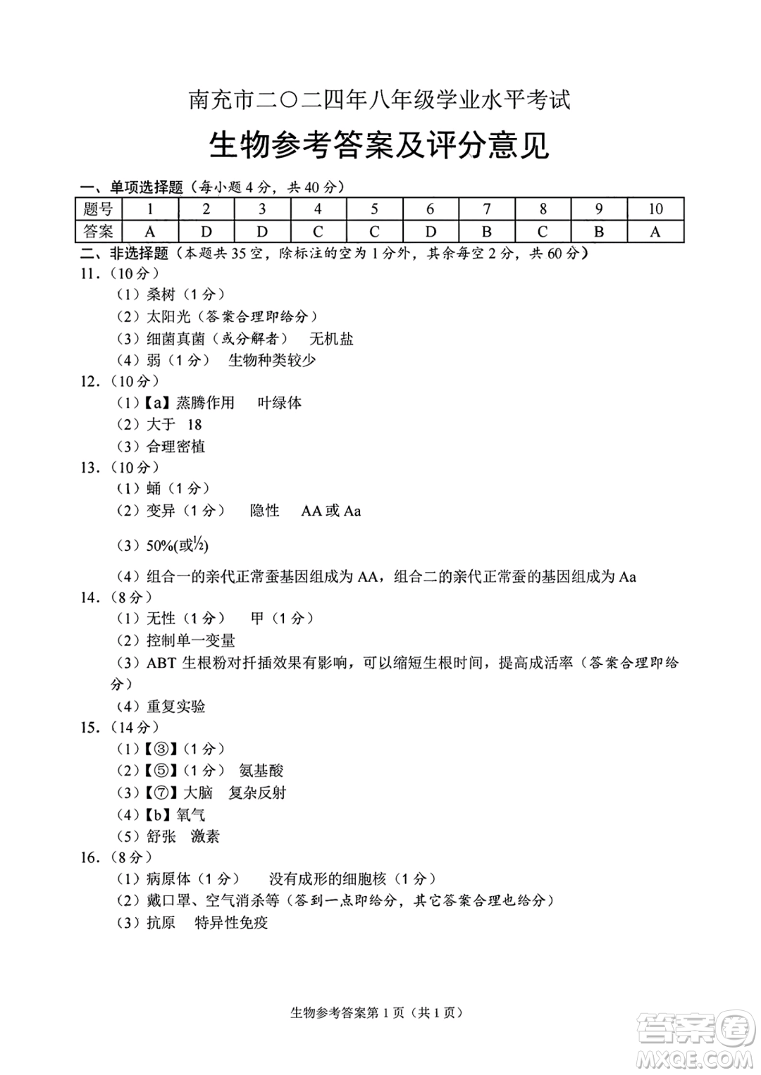 2024南充中考生物真題答案