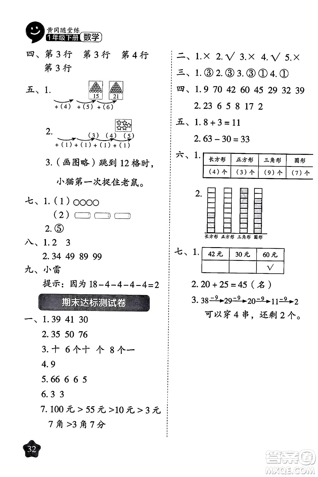 西安出版社2024年春黃岡隨堂練一年級數(shù)學(xué)下冊人教版答案