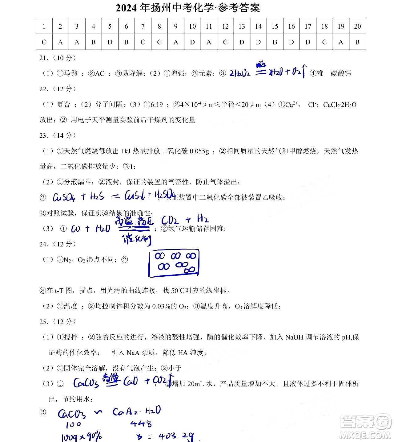 2024揚(yáng)州中考化學(xué)真題答案