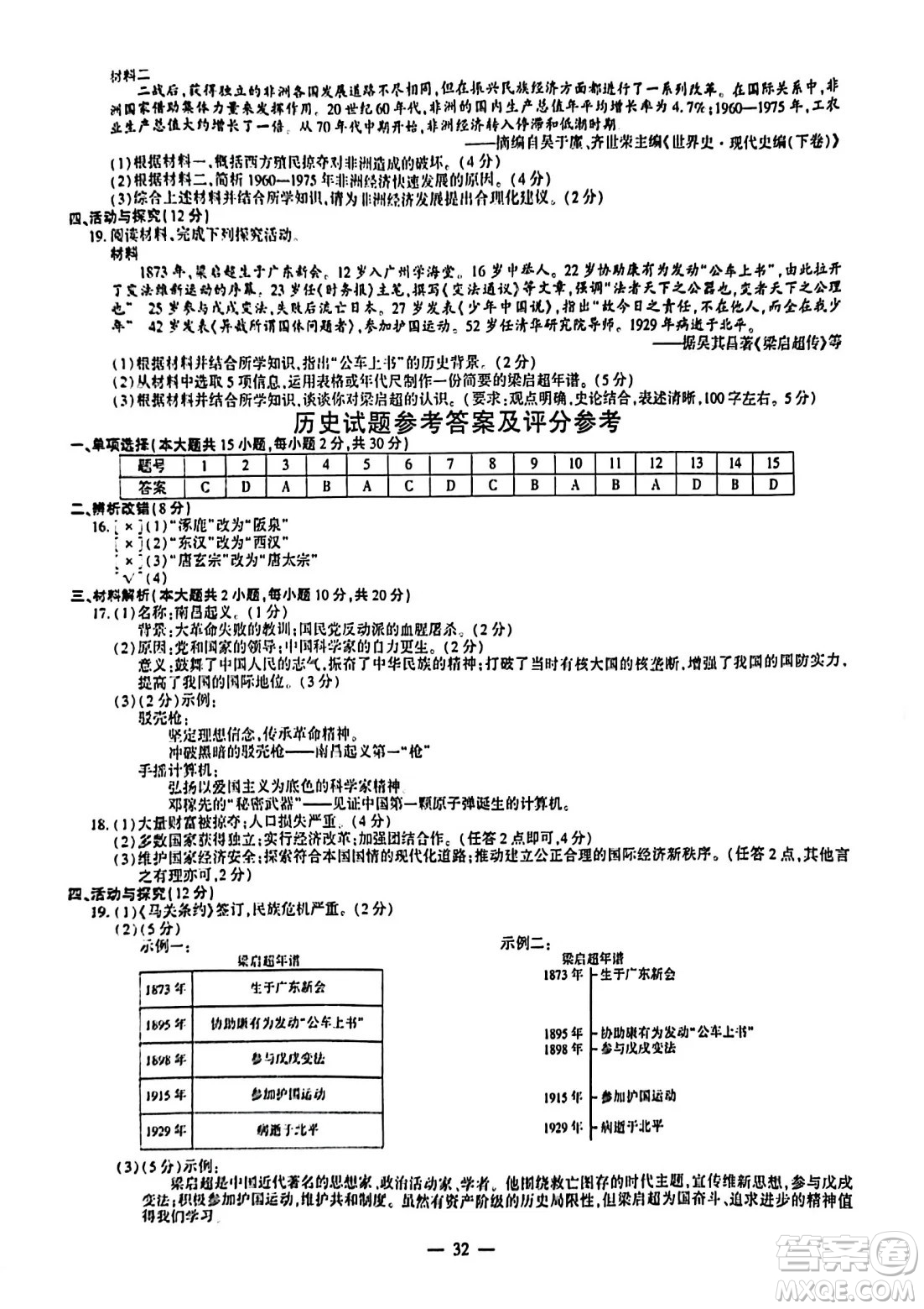 2024安徽中考歷史真題答案