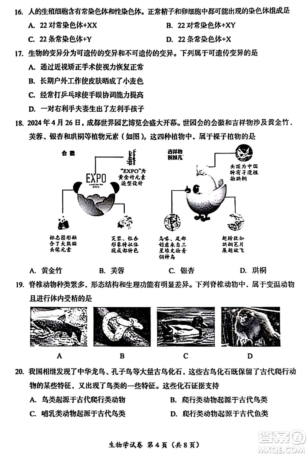 2024成都中考生物真題答案