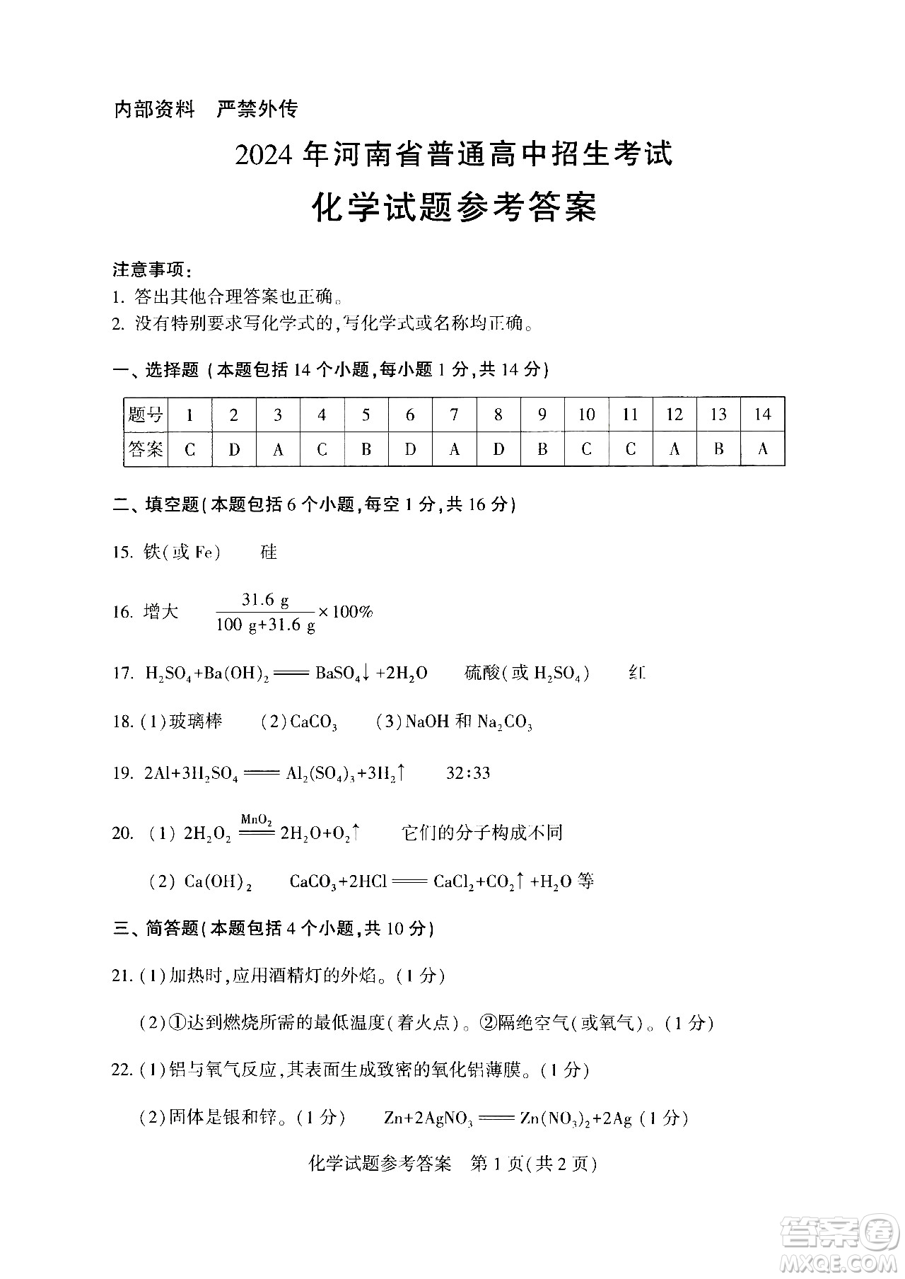 2024河南中考化學(xué)真題答案