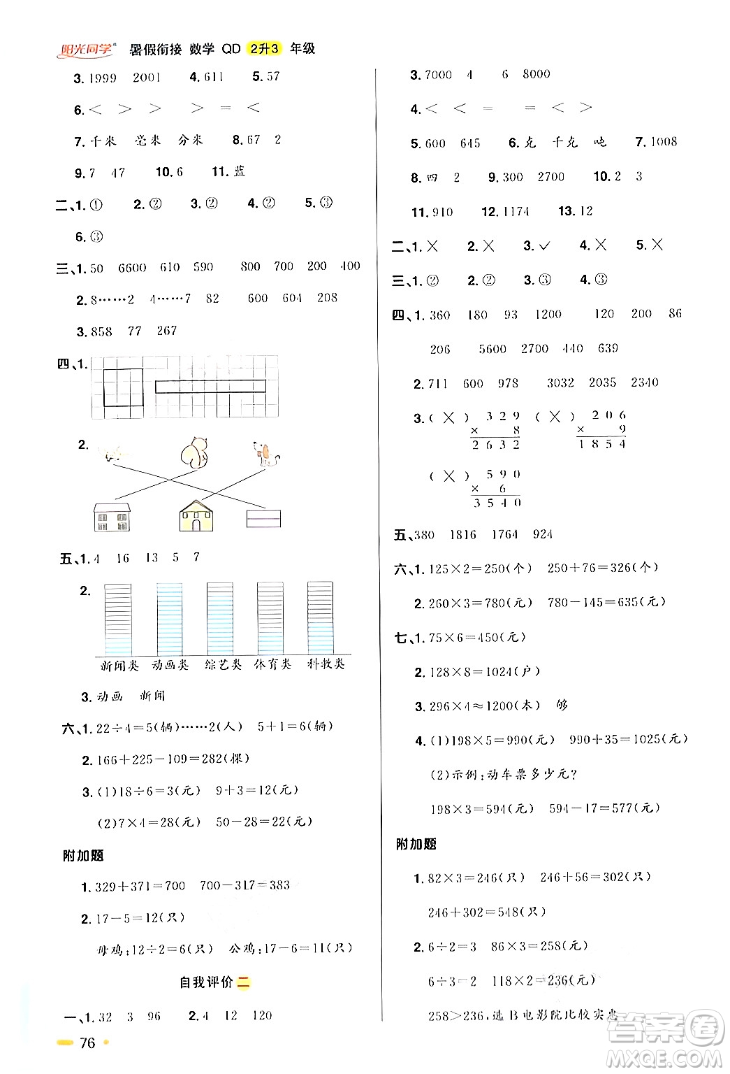 江蘇教育出版社2024年春陽光同學(xué)暑假銜接2升3年級數(shù)學(xué)全一冊青島版答案