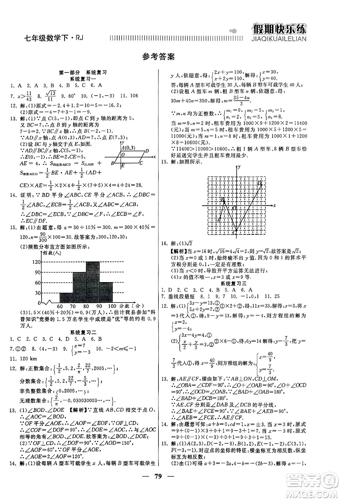 天津科學技術(shù)出版社2024年春金優(yōu)教輔假期快樂練七年級數(shù)學人教版答案