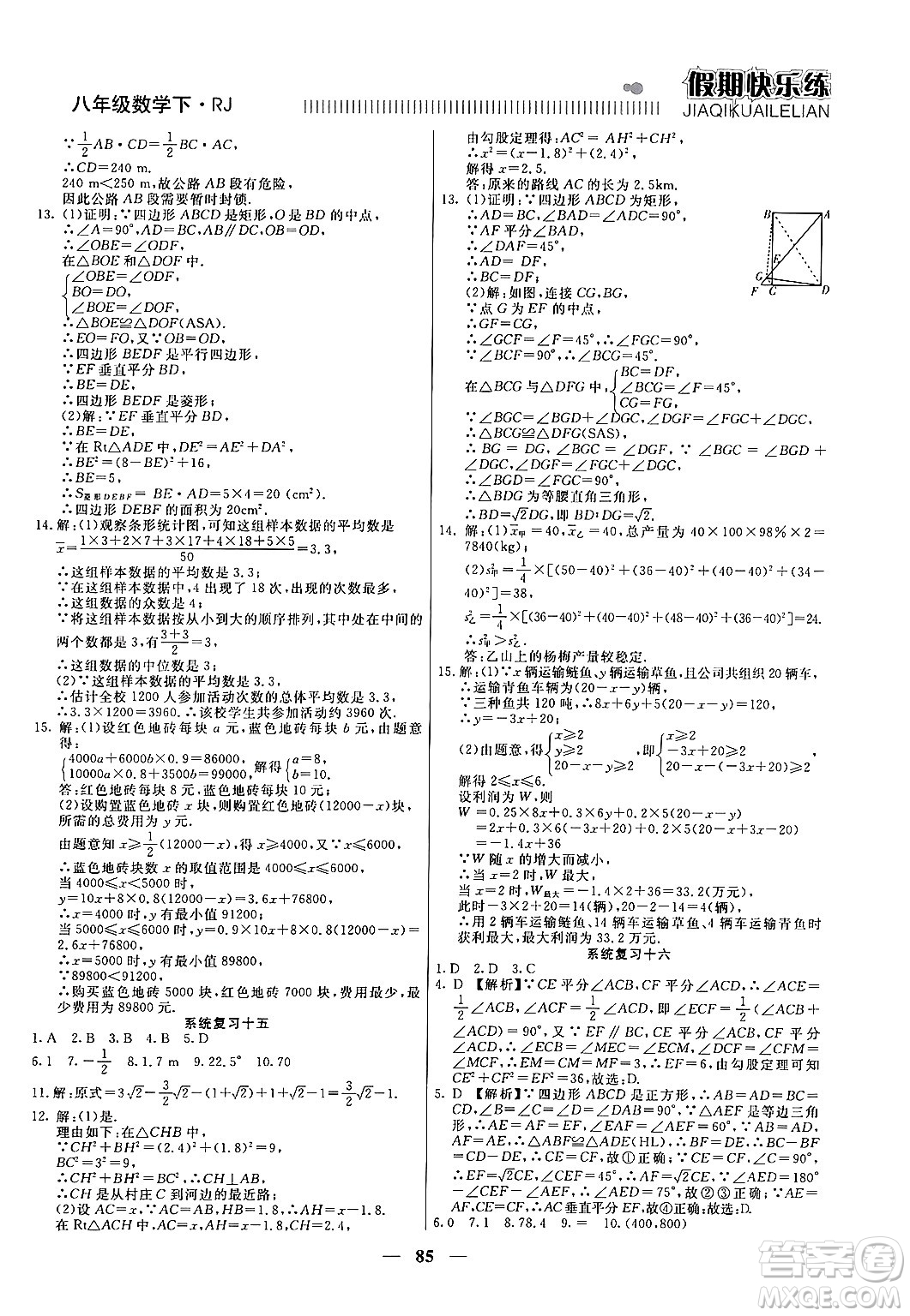 天津科學技術(shù)出版社2024年春金優(yōu)教輔假期快樂練八年級數(shù)學人教版答案