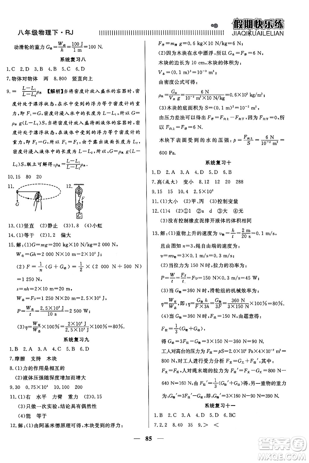 天津科學(xué)技術(shù)出版社2024年春金優(yōu)教輔假期快樂練八年級(jí)物理人教版答案