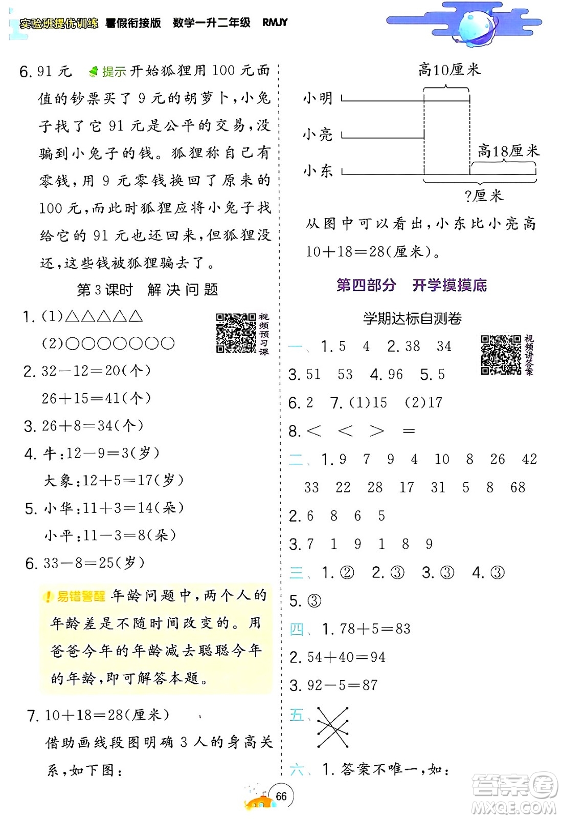 江蘇人民出版社2024年春實(shí)驗(yàn)班提優(yōu)訓(xùn)練暑假銜接一升二年級數(shù)學(xué)人教版答案