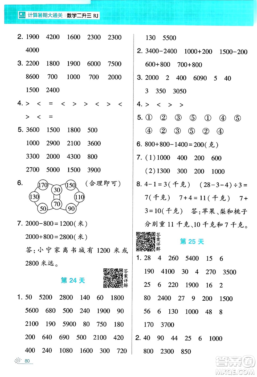 寧夏人民教育出版社2024年春經(jīng)綸學(xué)霸學(xué)霸的暑假計算暑假大通關(guān)二升三年級數(shù)學(xué)人教版答案