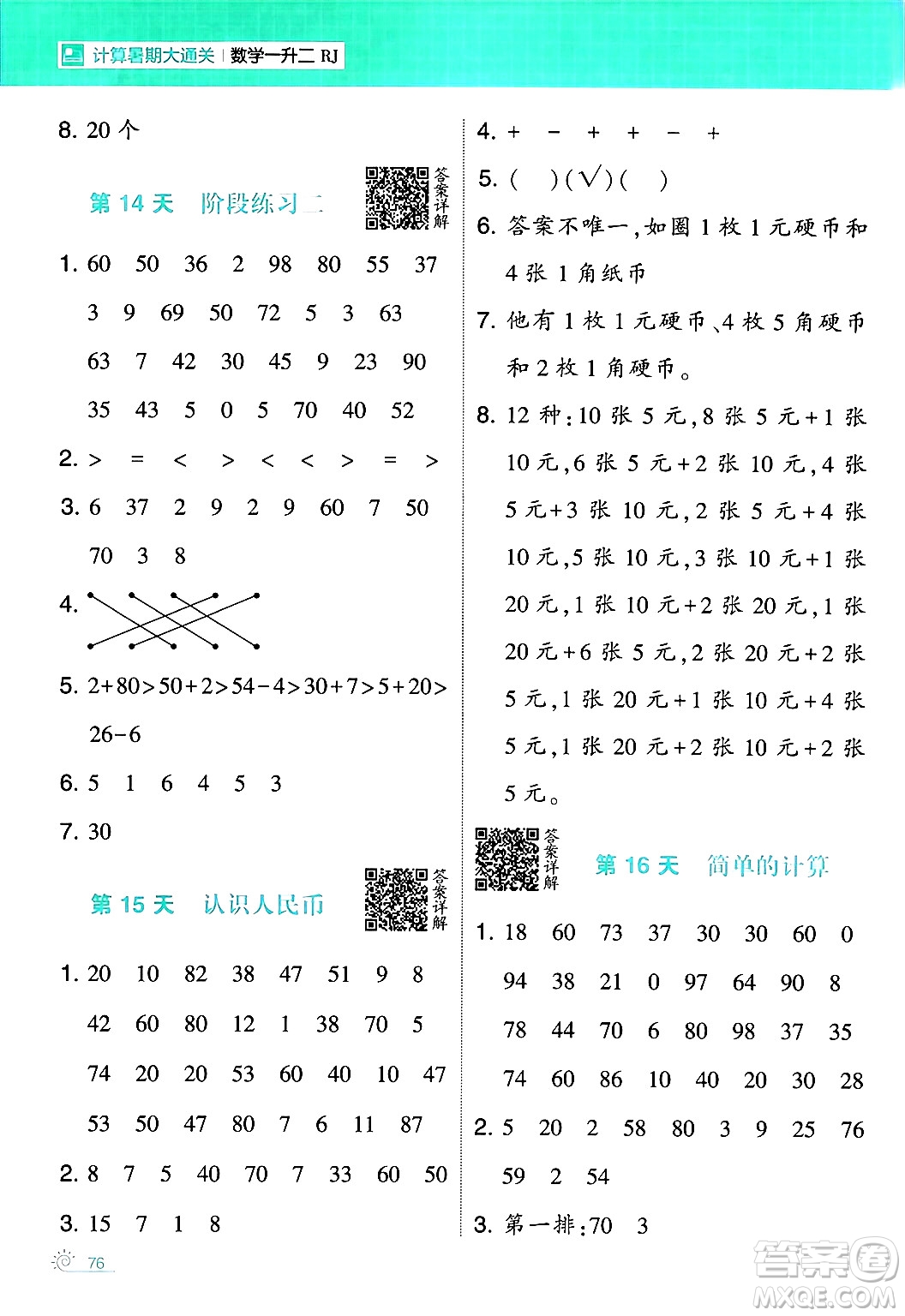 寧夏人民教育出版社2024年春經(jīng)綸學(xué)霸學(xué)霸的暑假計算暑假大通關(guān)一升二年級數(shù)學(xué)人教版答案