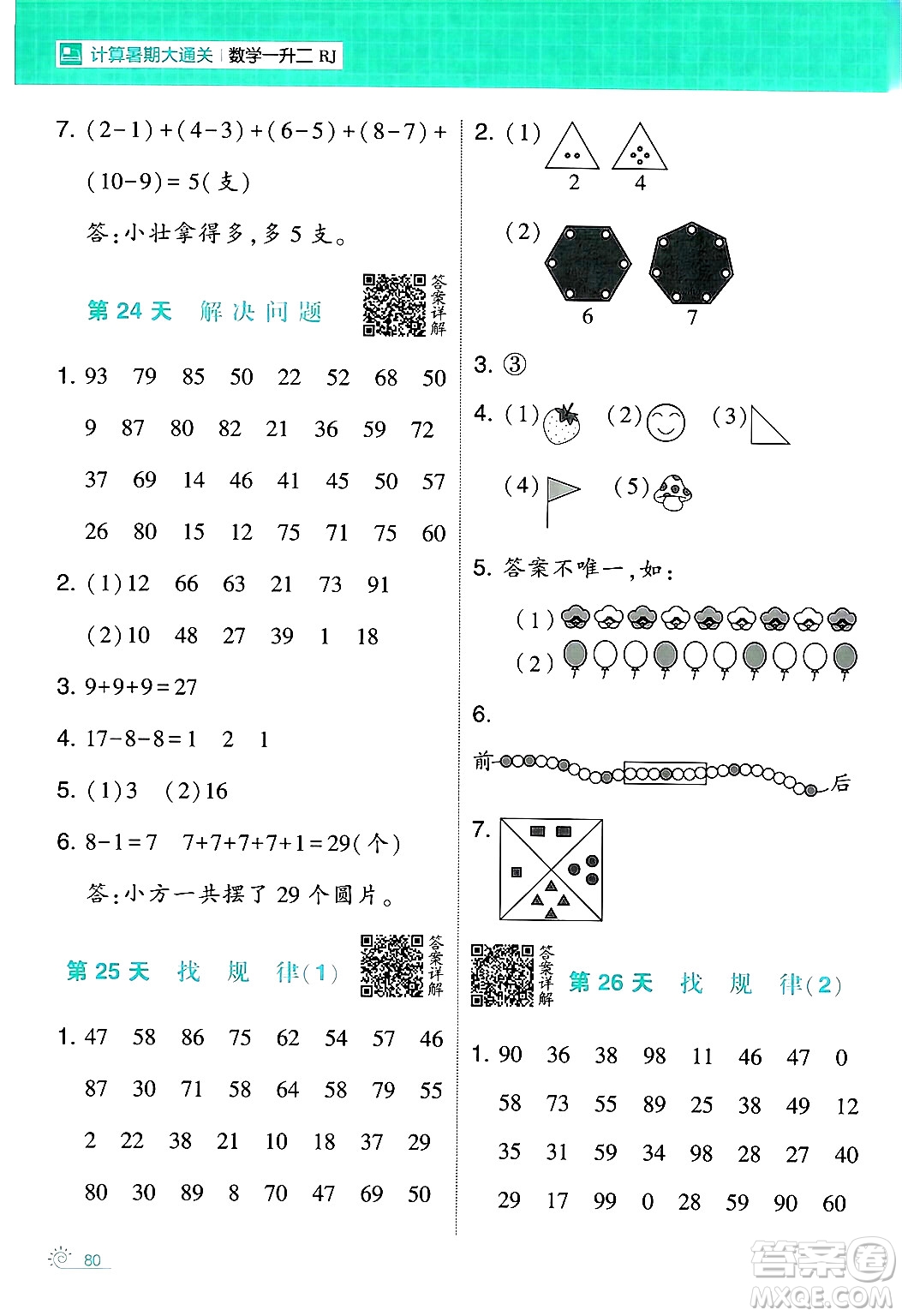 寧夏人民教育出版社2024年春經(jīng)綸學(xué)霸學(xué)霸的暑假計算暑假大通關(guān)一升二年級數(shù)學(xué)人教版答案