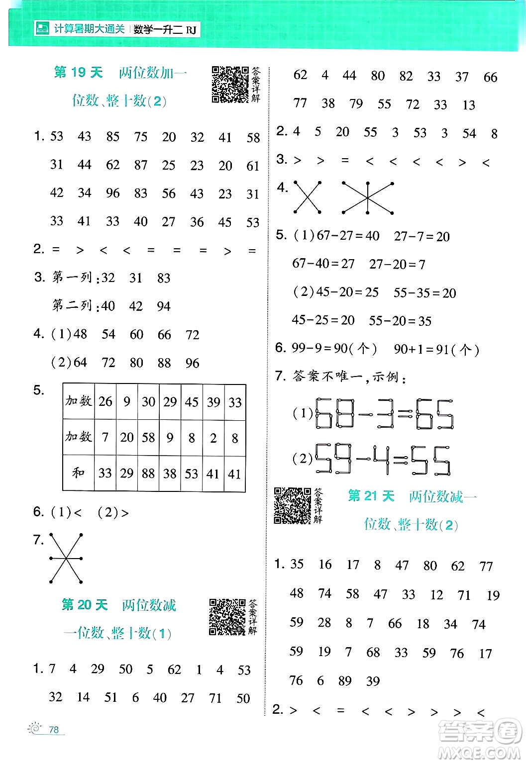 寧夏人民教育出版社2024年春經(jīng)綸學(xué)霸學(xué)霸的暑假計算暑假大通關(guān)一升二年級數(shù)學(xué)人教版答案