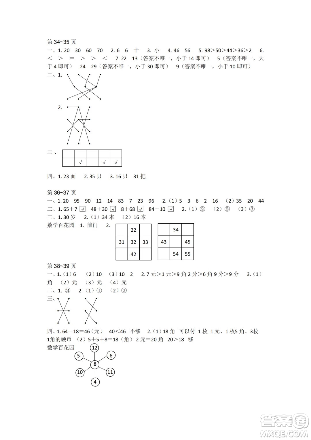 江蘇鳳凰教育出版社2024年春快樂暑假小學(xué)數(shù)學(xué)一年級數(shù)學(xué)蘇教版答案