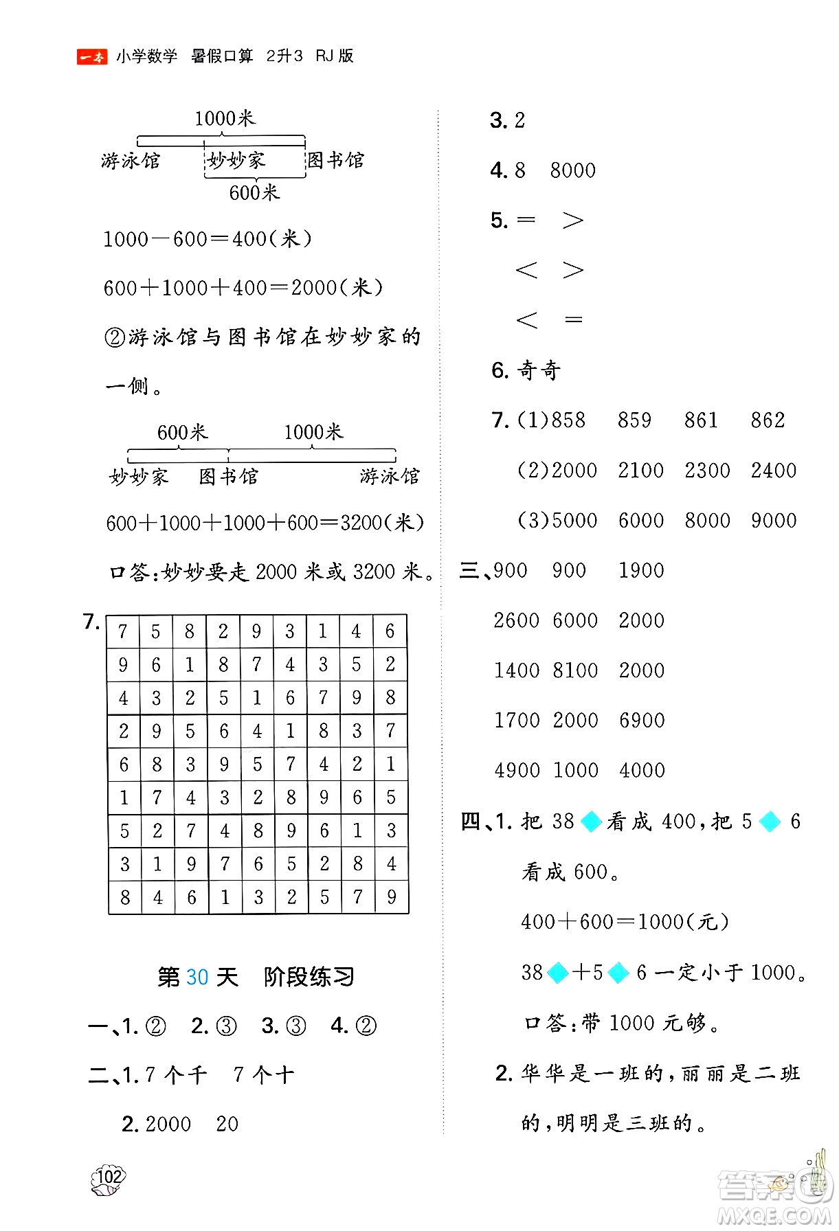 湖南教育出版社2024年一本暑假口算小學(xué)數(shù)學(xué)二升三年級數(shù)學(xué)人教版重慶專版答案