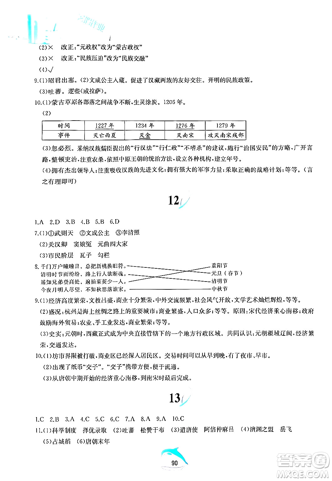 黃山書社2024年暑假作業(yè)七年級歷史人教版答案