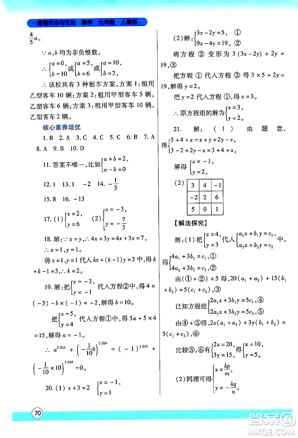 陜西師范大學(xué)出版總社有限公司2024年暑假作業(yè)與生活七年級數(shù)學(xué)人教版答案