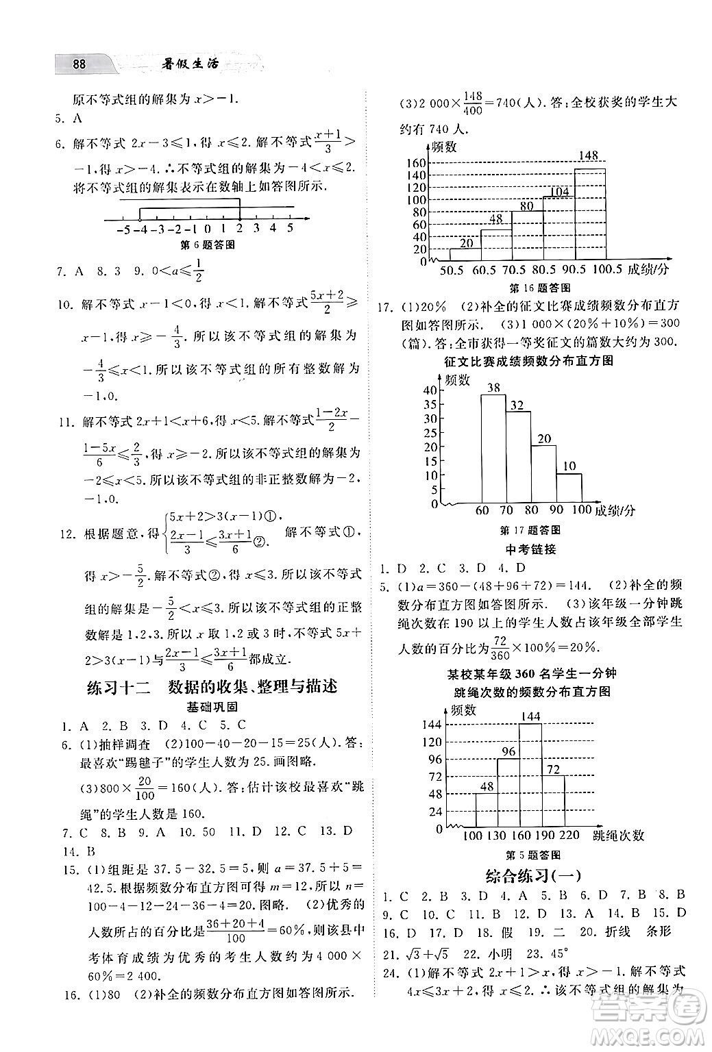 河北美術出版社2024年暑假生活七年級數學通用版答案