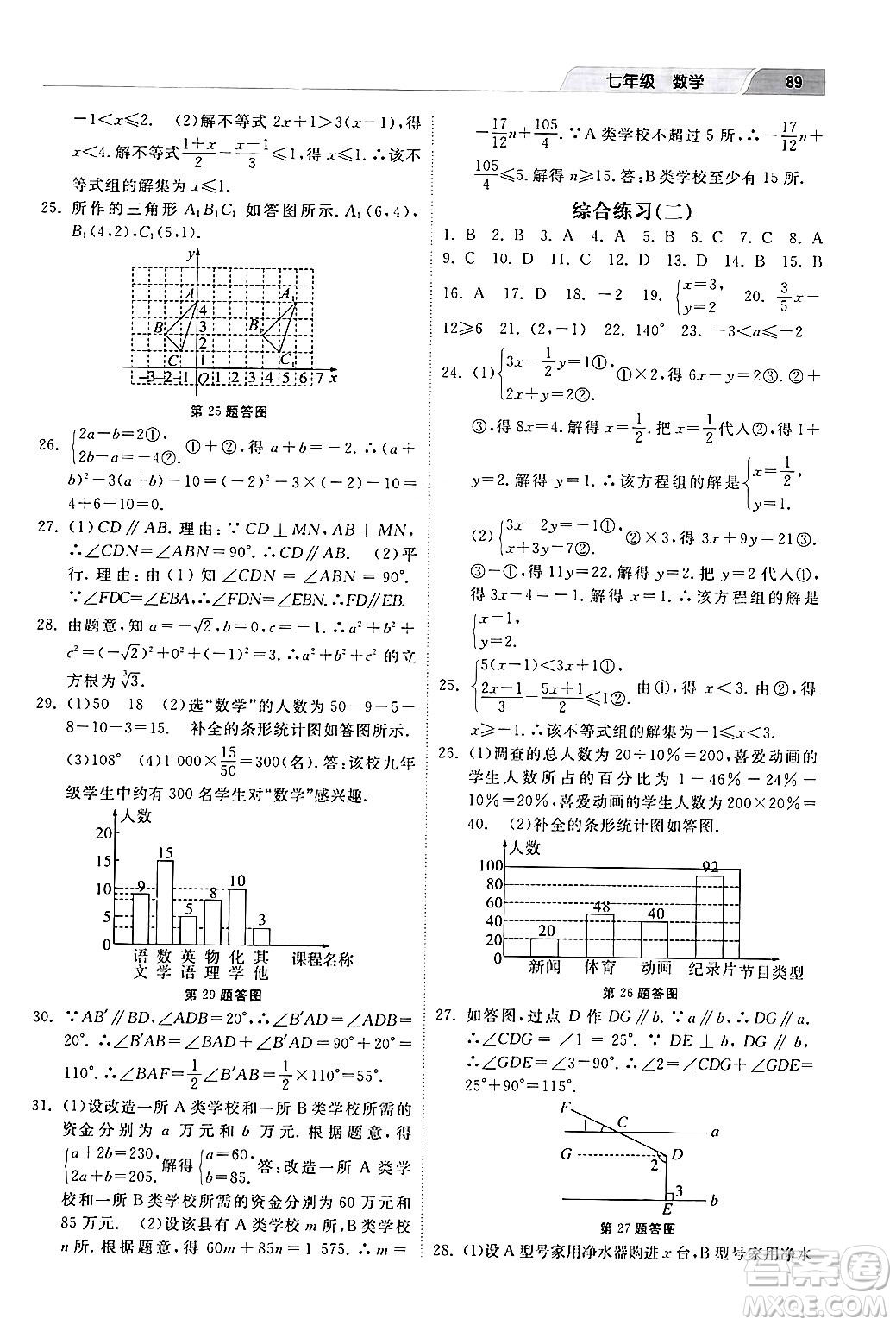 河北美術出版社2024年暑假生活七年級數學通用版答案