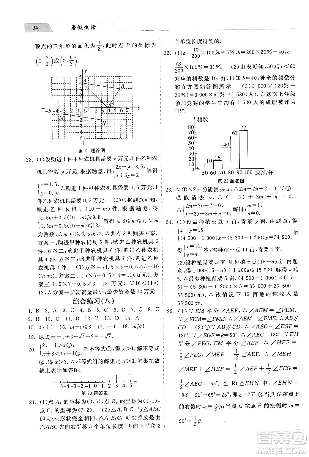 河北美術出版社2024年暑假生活七年級數學通用版答案