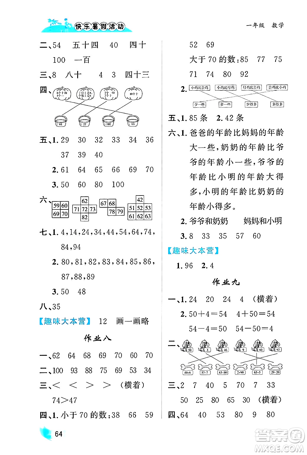 內(nèi)蒙古人民出版社2024年快樂暑假活動一年級數(shù)學通用版答案