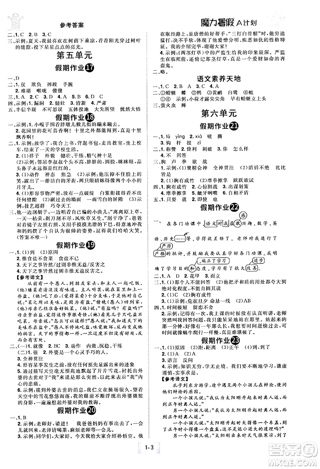 江西美術出版社2024年學海風暴叢書魔力暑假A計劃五年級語文人教版答案