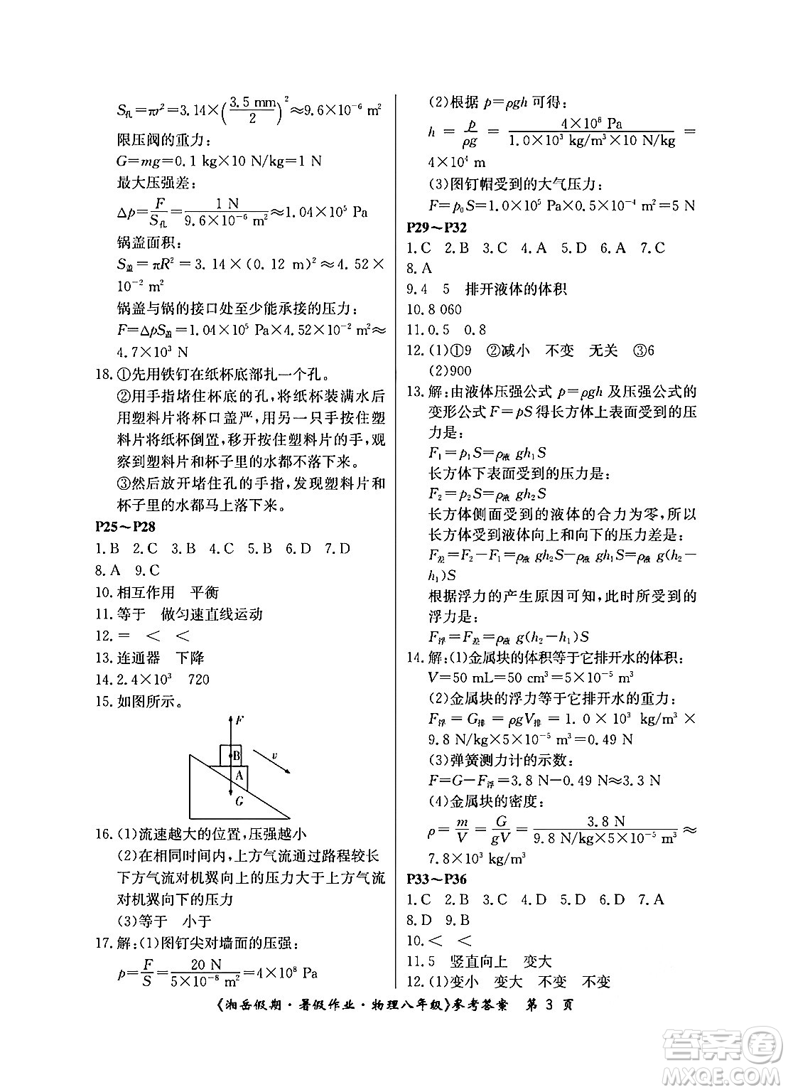 湖南大學(xué)出版社2024年湘岳假期暑假作業(yè)八年級(jí)物理人教版答案