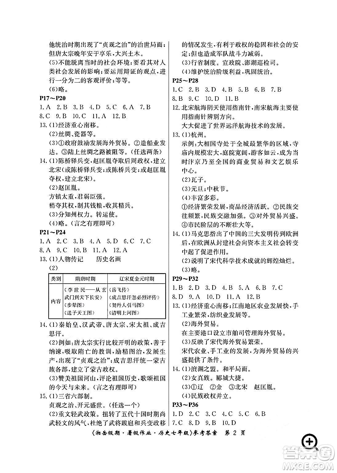 湖南大學(xué)出版社2024年湘岳假期暑假作業(yè)七年級(jí)歷史人教版答案