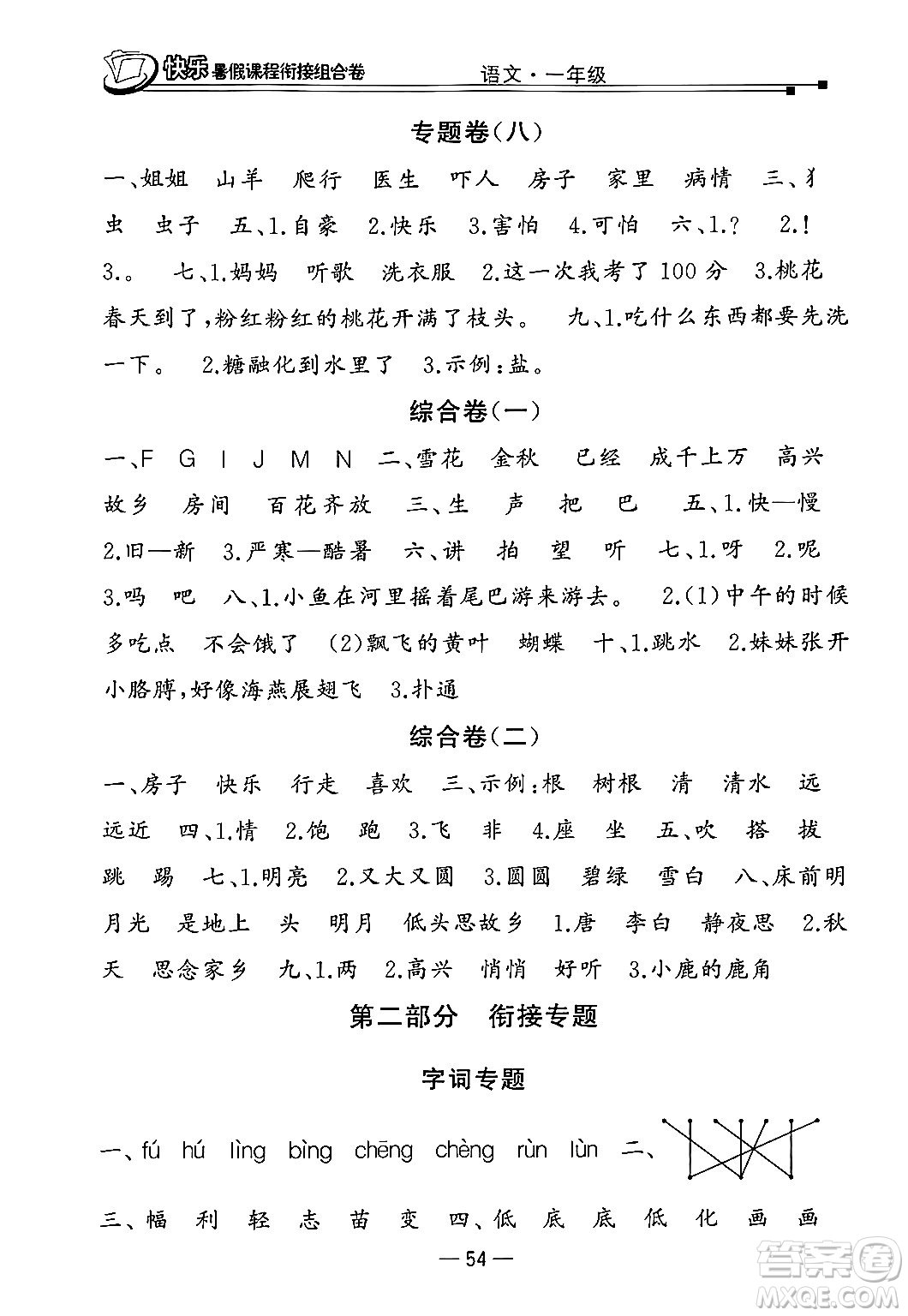 甘肅少年兒童出版社2024年快樂(lè)暑假課程銜接組合卷一年級(jí)語(yǔ)文人教版答案