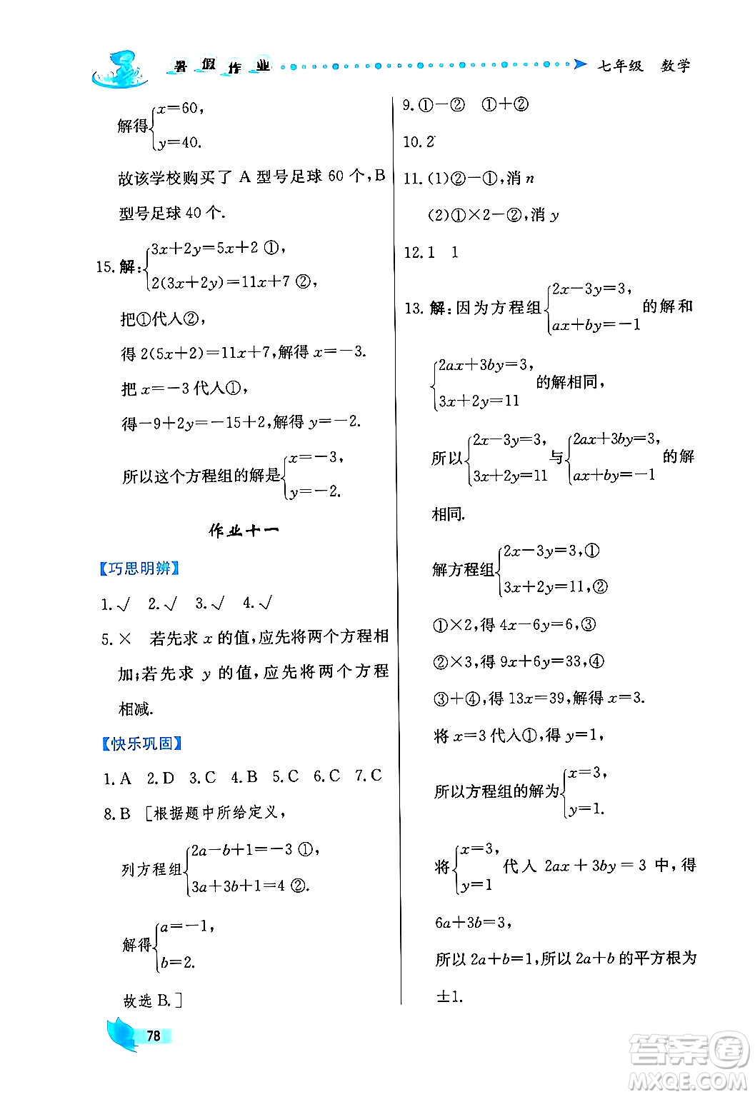 陜西人民出版社2024年實(shí)驗(yàn)教材新學(xué)案暑假作業(yè)七年級(jí)數(shù)學(xué)通用版答案