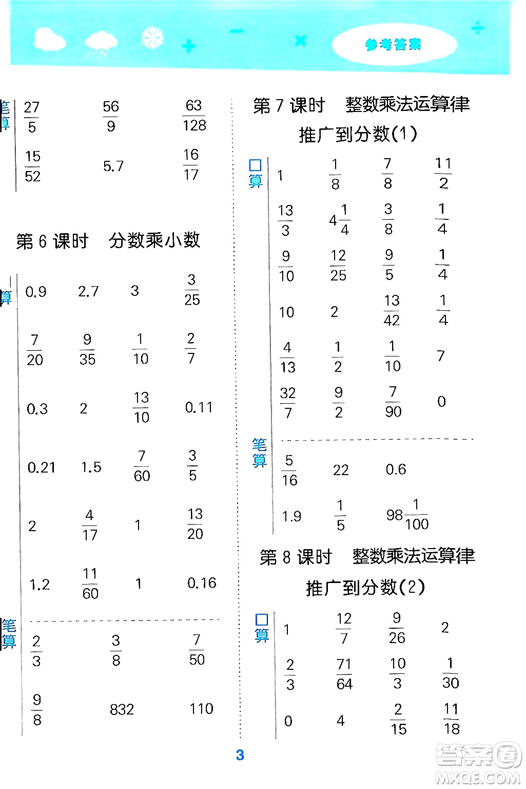 山東教育出版社2024年秋小兒郎小學口算大通關六年級數(shù)學上冊人教版答案