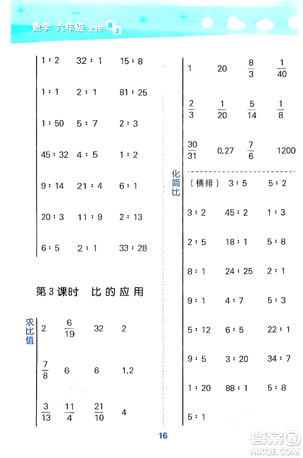 山東教育出版社2024年秋小兒郎小學口算大通關六年級數(shù)學上冊人教版答案