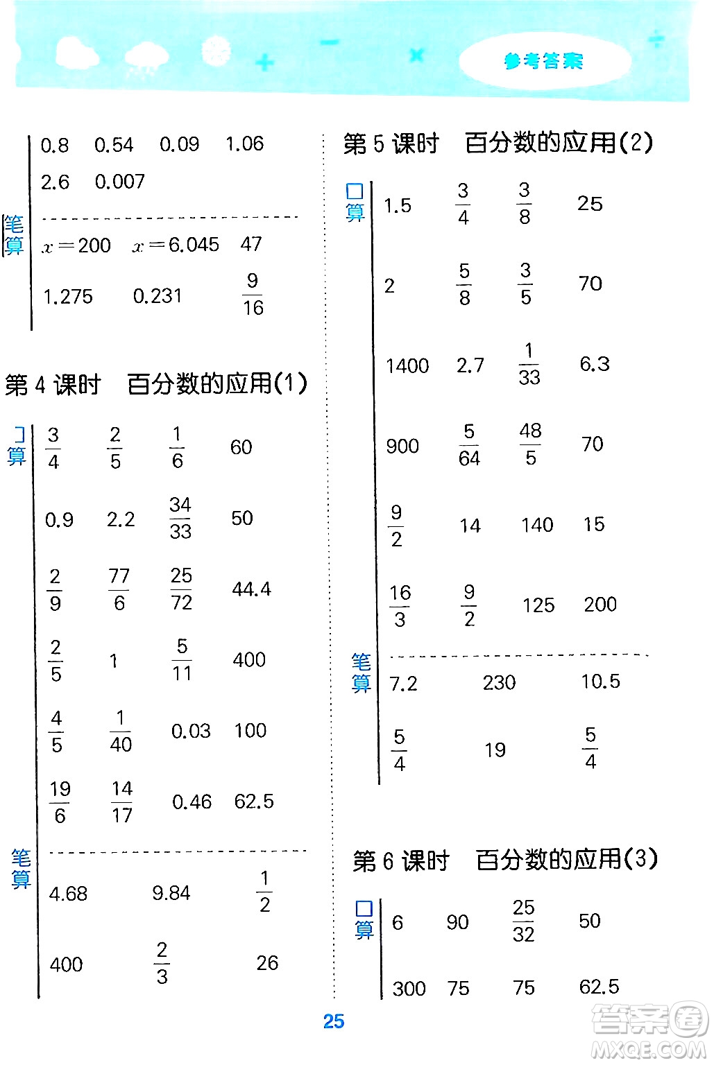 山東教育出版社2024年秋小兒郎小學口算大通關六年級數(shù)學上冊人教版答案