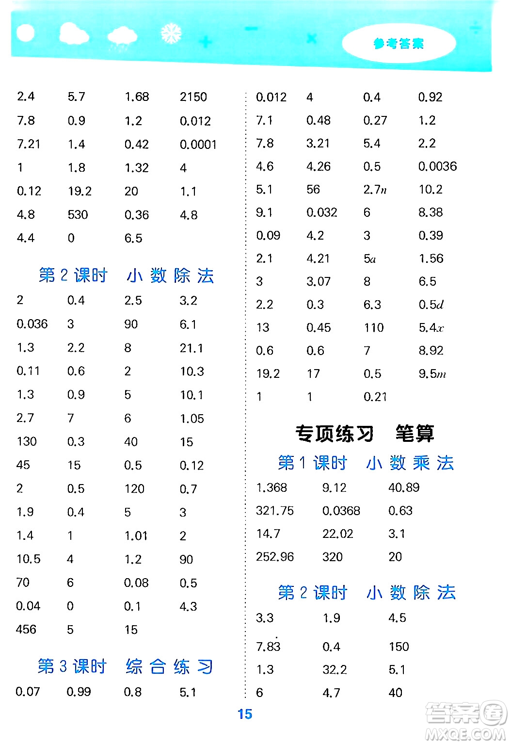 山東教育出版社2024年秋小兒郎小學(xué)口算大通關(guān)五年級數(shù)學(xué)上冊人教版答案