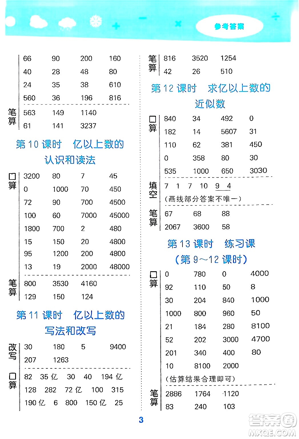 山東教育出版社2024年秋小兒郎小學(xué)口算大通關(guān)四年級數(shù)學(xué)上冊人教版答案