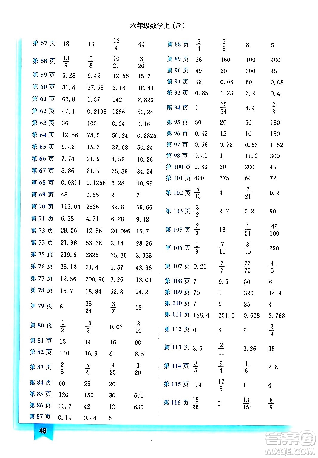 龍門書局2024年秋黃岡小狀元作業(yè)本六年級數(shù)學(xué)上冊人教版答案