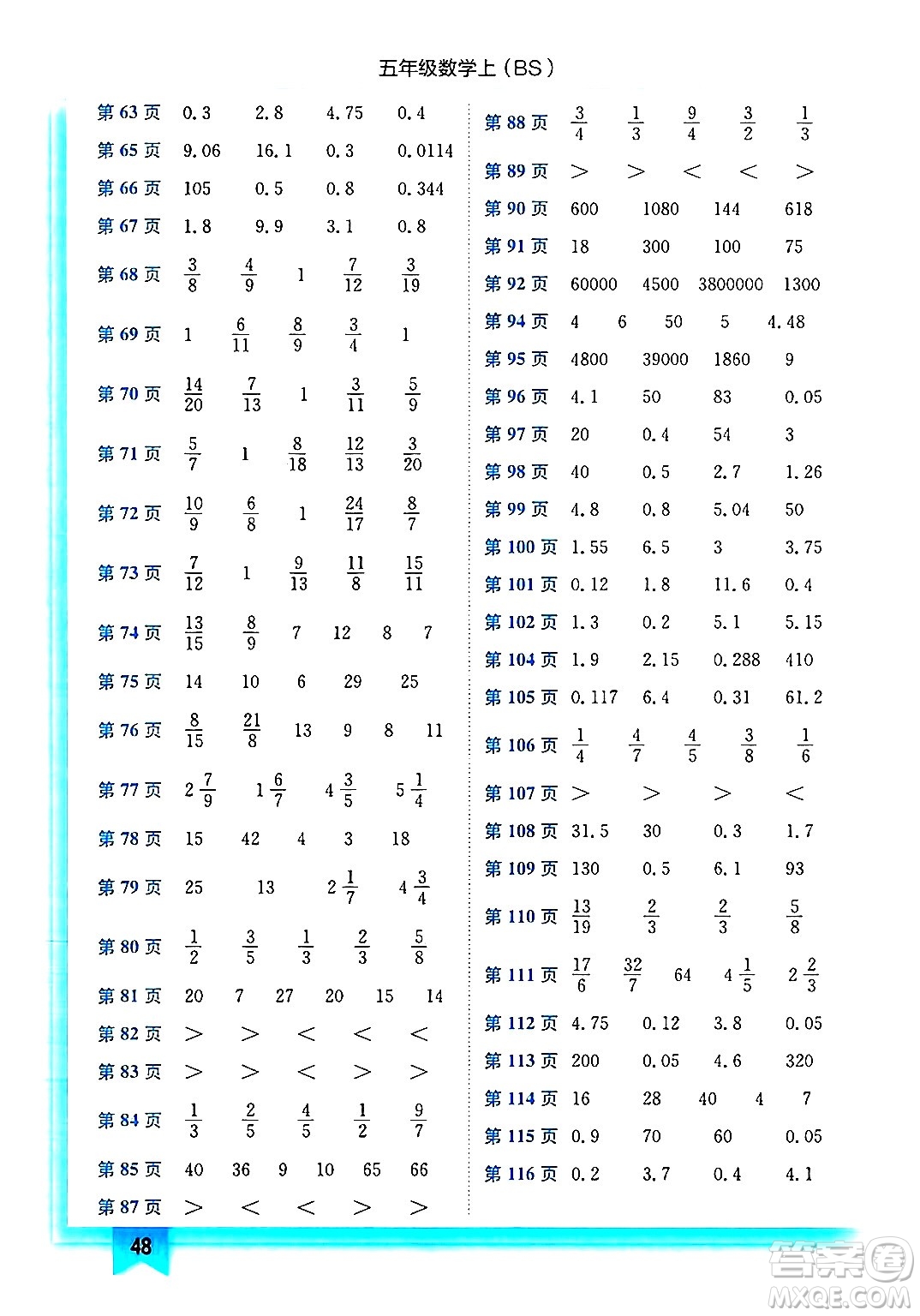 龍門書局2024年秋黃岡小狀元作業(yè)本五年級數(shù)學(xué)上冊北師大版答案