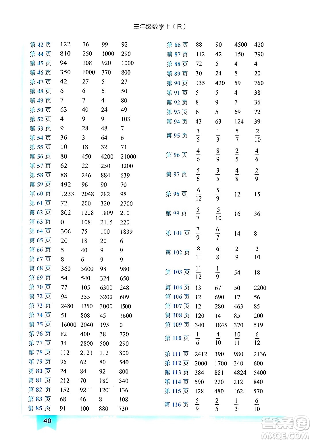 龍門書局2024年秋黃岡小狀元作業(yè)本三年級數(shù)學(xué)上冊人教版答案